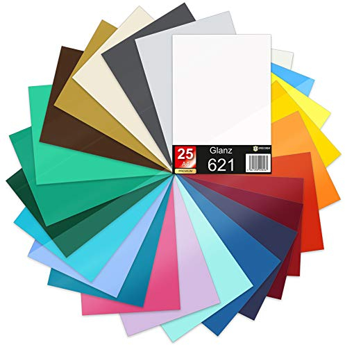 25 x Din A4 Bögen Plotterfolie 621/631 Selbstklebende Folie im Set Vinyl zum Plotten DIY Bastelfolie Sticker Beschriftung Aufkleber 29,7x21cm (Bunt matt, 25er Set)