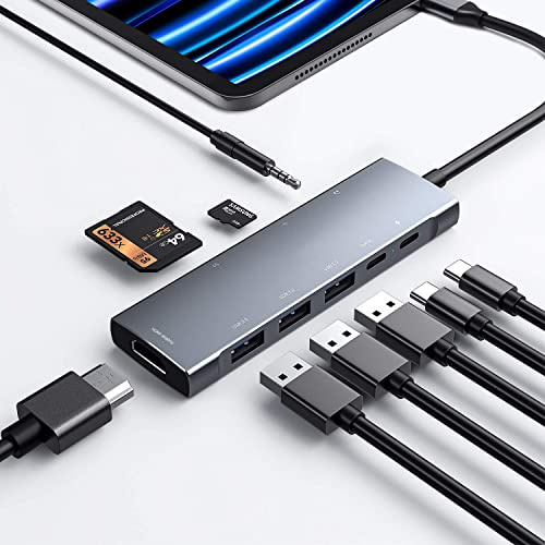 USB C HUB para iPad Pro Adaptador 9 en 1 iPad Pro M4 M2 M1 13 12.9 11 Estación de Acoplamiento iPad Air con 4K HDMI, USB-C PD, Lector de Tarjetas SD/TF, USB 3.0, 3.5mm AUX, Datos Tipo C, iPad Mini 6