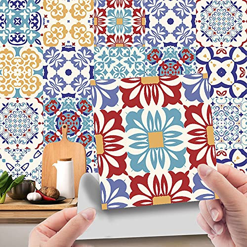 24pcs Wall Tile Stickers, Hiser Square Moroccan Victorian Retro Mosaic Style Waterproof Decals Sticker for Kitchen Living Room Bathroom Home Floor DIY Decor Self-Adhesive (Red Blue,15x15cm)