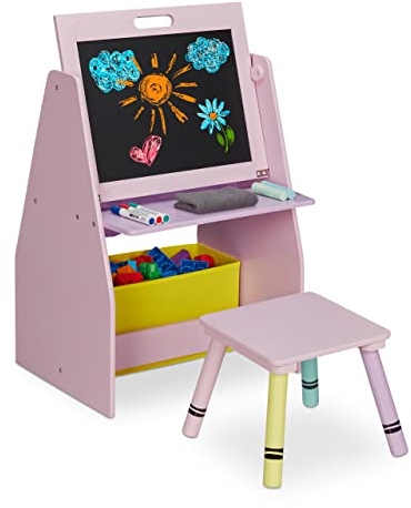 Relaxdays Kinderregal mit Tafel, Spielzeugregal mit 2 Fächern & Stoffbox, HBT: 84x52x45 cm, Spieltafel mit Hocker, rosa