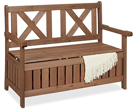 Relaxdays Gartenbank, Outdoorbank mit Stauraum, 2-Sitzer, HBT 85 x 115 x 60 cm, Sitztruhe mit Rückenlehne, dunkelbraun
