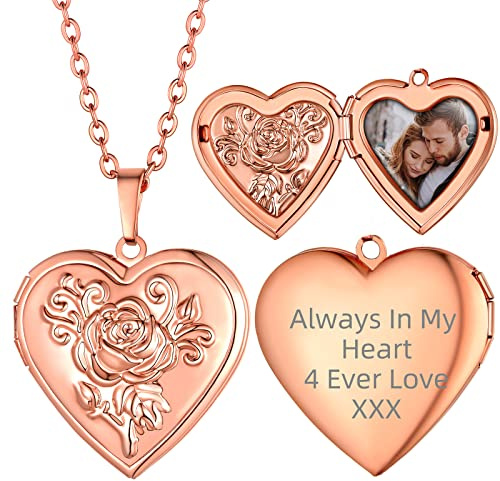 Supcare Collier femme avec médaillon en forme de coeur, 01 Collier or rose avec photo personnalisée, chaîne pendentif cadre photo ajustable 55cm, idées de cadeaux d'anniversaire pour filles