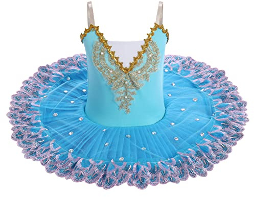 IBAKOM Enfant Filles Robe Ballet Danse lac des cygnes Dentelle Perl?e Camisole Justaucorps Tutu Patinage Artistique Danse Ballerine Tenue Ciel Bleu 11-12 Ans