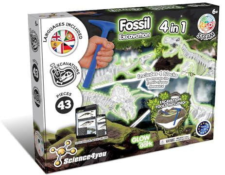 Science4you - Kit de Fouille de Fossiles 4 en 1 - Excaver et Assembler 4 Dinosaures Qui Brille dans l'obscurité, 43 pièces: T-Rex, Triceratops, Velociraptor et Stegosaurus - Jouet pour Enfants +6 Ans