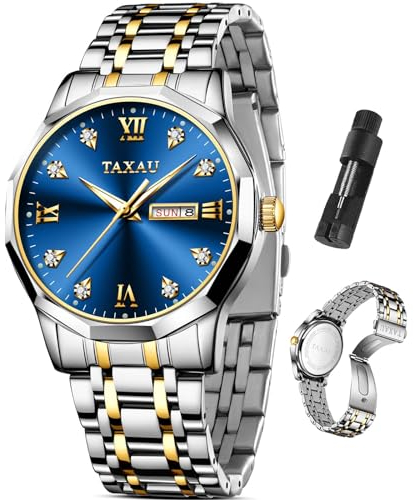 Taxau Uhr Herren Silber Luxus Blau Gesicht mit Datum Tag Edelstahl Uhren Business Mens Kleid Uhr Römische Uhren für Männer wasserdichte Analog Quarz Herrenuhren Klassische Reloj para Hombre