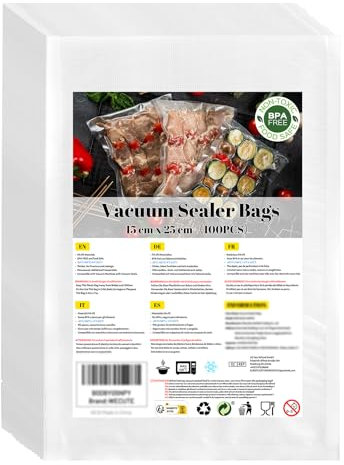 WECUTE Vakuumierbeutel 15x25 cm, 100 Beutel Vakuumbeutel Lebensmittel, Folienbeutel für Jedes Folienschweißgerät Vakuumiergerät, Wiederverwendbar Sous Vide Gefrierbeutel, BPA-frei