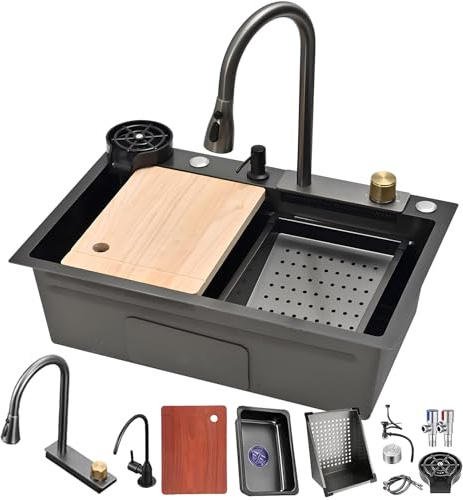 DSMRLEOP Fregadero de cocina de acero inoxidable negro, 80x45cm estación de trabajo multifuncional con grifo de cascada extraíble, lavavajillas de alta presión, sifón con cesta de drenaje