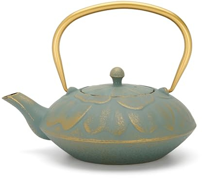 Bredemeijer Teiera in ghisa blu da 1,3 litri a induzione, grande teiera asiatica con manico dorato e filtro in acciaio inox, ideale per tipi di tè sfusi