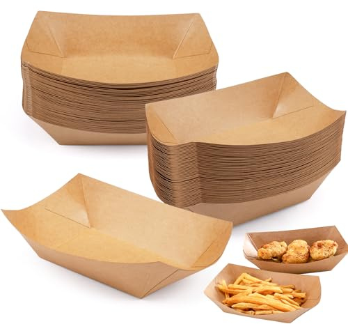 100 Piezas Cuencos de Cartón para Currywurst Patatas Fritas Ensalada | 16.7 x 11.5 x 4 CM Cuencos Catering Aperitivos Desechable Resistente al Aceite y Al Agua Barquitos de Madera Desechables