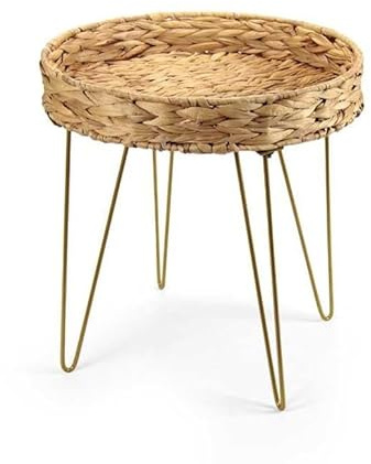 MA MAISON Table Basse Ronde avec Plateau en Osier Pieds dorés - pour Salon Chambre à Coucher, Balcon Patio - Café doré 38x40h cm