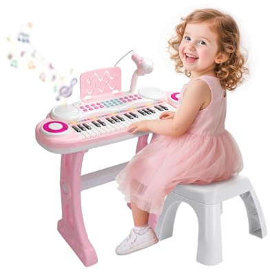 PLAYFULBAY Kids Keyboard Piano ，37 Key Pink Toy Piano Kids with with Stool, Microphone, Flashing Lights, Sweet Gift for Toddler 18m+