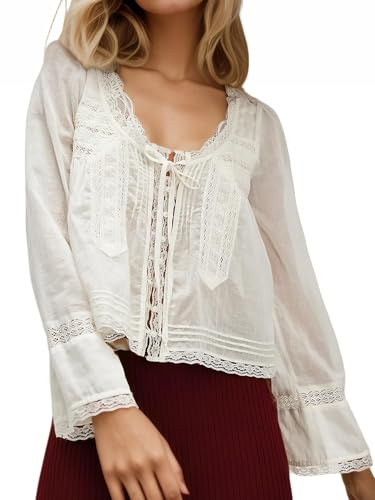 Yoisdtxc Women Boho Tops Lace Tie Up Front Sheer Blouses Spring Fall Casual Tops