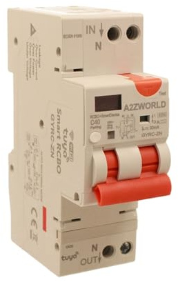 Interruttore Differenziale Magnetotermico WiFi con Riarmo Automatico e Display, Tipo A Curva C 30mA 220V, Corrente Nominale Regolabile 20-40A, 2 Moduli DIN, App Tuya Smart Life