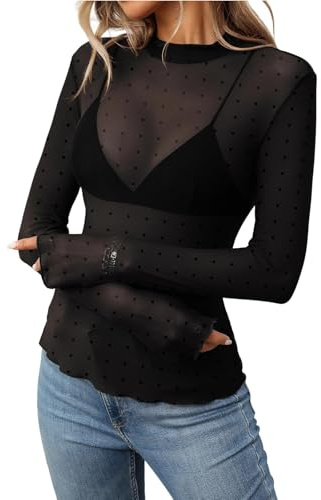 Generisch Top de malla larga para mujer, talla grande, cuello alto, túnica transparente, blusa casual casual, Negro , XL