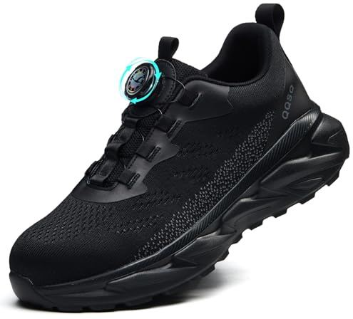 QQSQ Safety Trainers Men Women Steel Toe Cap Trainers Puncture Proof Work Safety Shoes Lightweight Breathable Safety Trainers Swivel Buckle Shoelace, Black, 4 UK