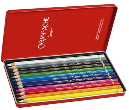 Caran D'Ache Pablo artists quality colouring pencils tin set of 12 assorted water resistant colours