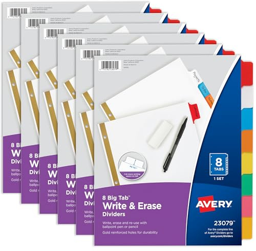 Avery Big Tab Write & Erase 8 Tab Dividers for 3 Ring Binders, Multicolor Divider Tabs, Great for Organizing Projects, Reports, Finances, 6-Pack (23079)