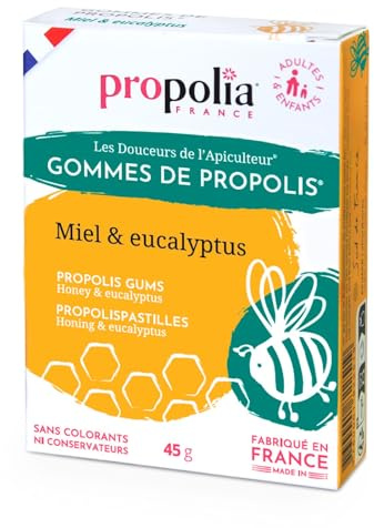 PROPOLIA - Gommes de Propolis, Miel & Eucalyptus - Apaise la gorge, dégage le nez et rafraîchit l’haleine - Complément alimentaire - 100% naturel - Fabriqué en France - 45 g