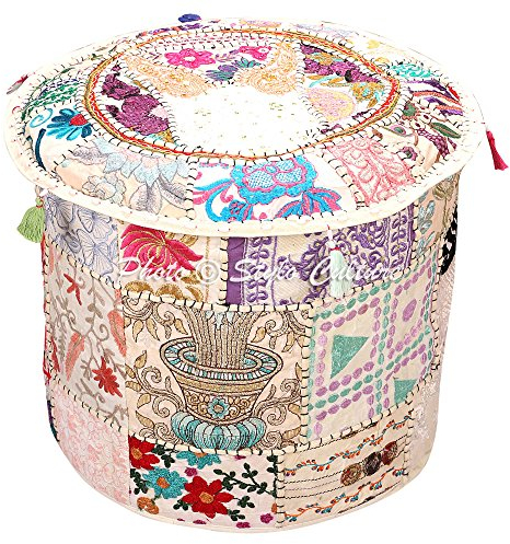 Stylo Culture Puff und Hocker Große Vintage Bean Bag Cover Weiß Indische Bestickt Patchwork Baumwolle Traditionelle Runde Stoff Ottoman Hocker Cover (16x16x13 Zoll) 40 cm