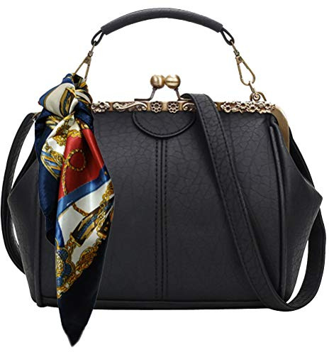 Puyang Sac à main vintage des années 20 et 50 avec écharpe en grain de litchi, Noir , M, rétro, vintage