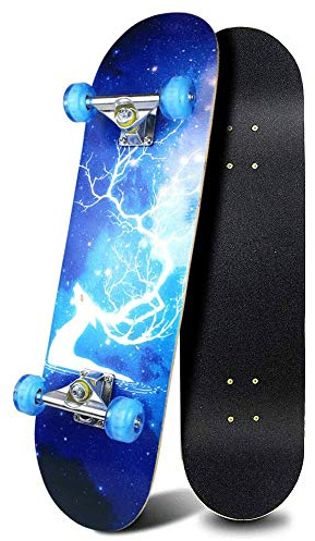 WINAKUI Beginner Skateboards, Kids Complete Skateboard with Flash wheel 80 x 20cm / 31 x 8 Inch, 7 Layer Maple Deck Double Kick Standard Skateboards for Boys and Girls