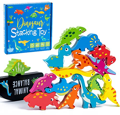 OBEST Juego de Apilamiento Madera Equilibrio Dinosaurios, Juego Balanceo Bloques Educativos, Juguete de Madera Montessori motricidad apilable Juego clasificación para niños de 3 4 5 años Niños(15PCS)