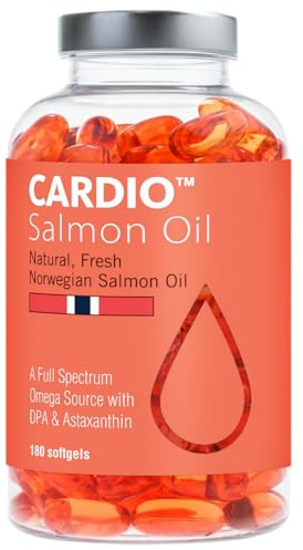 Cardio Omega 3 Fish Oil - 1000mg, Norwegian Salmon Oil with EPA, DHA, DPA & Astaxanthin, No Fishy Aftertaste, Fatty Acids Supplement, 3 Month Supply - 180 Capsules