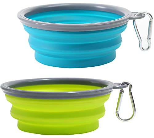 2 cuencos de viaje plegables para perros, comedero y bebedero para perros con mosquetón de montañismo para gatos, mascotas para agua y comida (350 ml, lago azul y verde amarillo)
