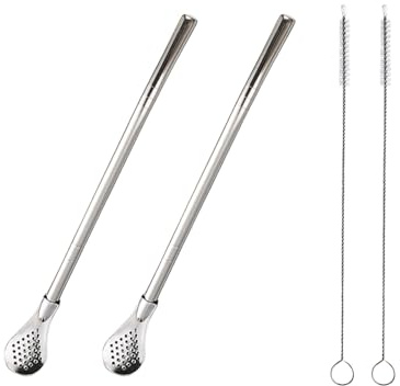 2 filtros de cuchara de paja de acero inoxidable con 2 cepillos de limpieza, cuchara de té reutilizable para té suelto, pajita de yerba mate, pajitas de metal, agitadores de café para bebidas