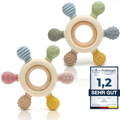CAJA Beißring Baby 2er Set BPA freie Zahnungshilfe und Beißspielzeug aus Silikon und Holz Greifring mit Tiermotiv Geschenkidee zur Geburt Sicheres Babyspielzeug für Jungen und Mädchen