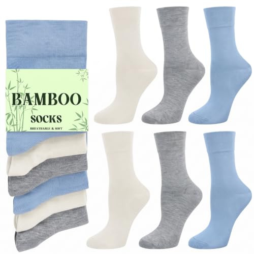Chalier Cozy Women’s Bamboo Crew Socks 6 Pairs Non Binding UK 4-8 | Soft Fabric Breathable Skin-Friendly Loose Top Daily Wear Holiday Gift for Ladies