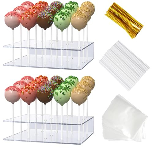 2 Pack Cake Pop Stand with Sticks Kit, Acrylic Lollipop Hold Stand, Clear Cake Pop Display Holder, 15 Holes Candy Pop Holder with 100 Pcs Sticks, 100 Pcs Clear Wrappers, 100 Pcs Gold Twist Ties
