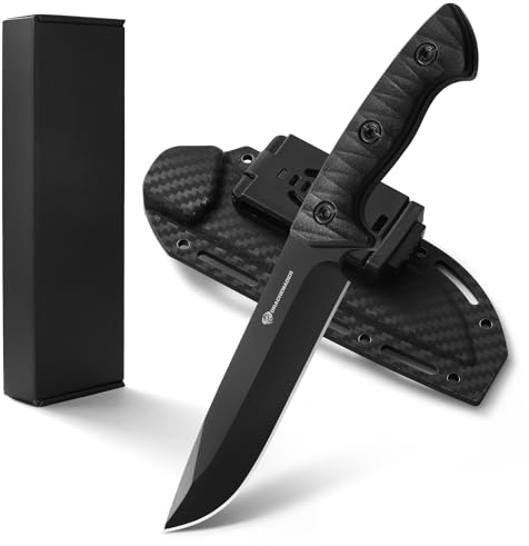 DRACHENADER XR-B01 Messer Gürtelmesser mit Scheide - Full Tang Outdoor Messer, 25,7cm Gesamtlänge, ABS Griff, Full-Schwarz, Quer am Gürtel Tragbar