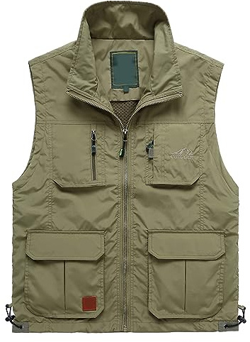 Multi Pocket Gilet, Waistcoat Jacket Men Women Multi Pocket Vest Outdoor Fishing Camping Sleeveless Traveling Photography Hiking Outerwear Gilet,Khaki,L,U23S
