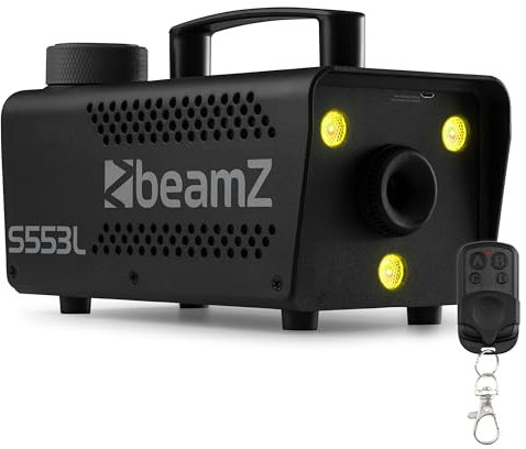 BeamZ Nebelmaschine S553L - LED Nebelmaschine Mini mit Lichteffekt und 250ml Nebelfluid, 550 Watt mit Fernbedienung, Rauchmaschine Party, Smoke Machine mit 3 LEDs RGB, Nebelmaschine Halloween