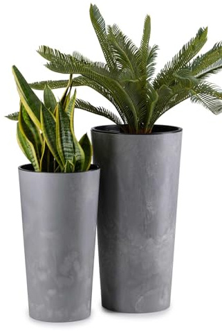HowHomely 2X Blumentopf Gross mit Pflanzkübel Einsatz | Hellbeton-Optik Pflanzkübel Groß für Deko Wohnzimmer oder Garten | Set aus 2 Blumenübertopf (30xh57cm & 25xh46)