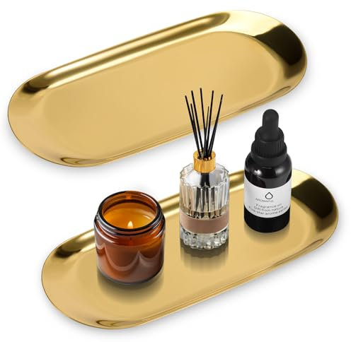 2Pcs Vassoio Decorativo, Vassoio Oro Acciaio Inox, Vassoio Bagno Portaoggetti Ovale Elegante con Finitura Lucida, Vassoio Caffe Piccolo, Vassoio per Gioielli Dolci Spuntino Candele