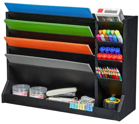Dmticoasis 4-Tier Wall File Organizer with Pencil Holder & Bottom Tray, Hanging Mail Organizer for Office, Countertop & Desk File Organizer for Home Office Supplies, Black