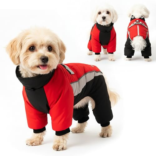 Dog Jacket Winter Coat Waterproof Windproof with Reflective for Small Medium Dogs Adjustable Warm Fleece Lined with D-Ring Hook Loop for Puppy Outdoor Apparel Walking Hiking Cold Weather, Black Red L