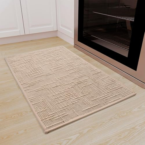 QINTOK Tappeto da cucina lavabile, antiscivolo, 50 x 80 cm, assorbente con gomma, lavabile e antiscivolo, in tessuto jacquard, per lavanderia, ingresso, bagno, beige