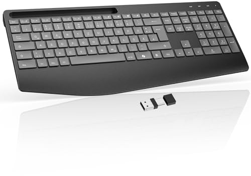 OMOTON Tastatur Kabellos Beleuchtet, 2,4GHz Funktastatur Ergonomisch Wiederaufladbar mit Handballenauflage, Wireless Keyboard QWERTZ Funktastatur Leise Kompatibel für Windows/Linux/PC, Graphitgrau