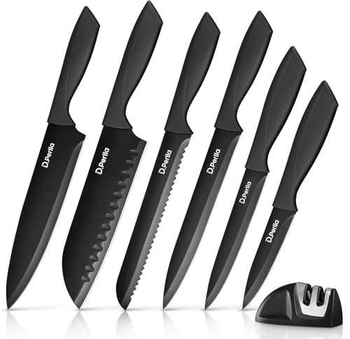 D.Perlla Juego de Cuchillos de Cocina Profesional con Afilador 7 piezas Cuchillos Acero Inoxidable Cuchillo Chef Mango Ergonómico, Negro