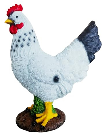 Relaxdays trädgårdsfigur – hönsfigur, vit tupp, autentisk djurfigur, väderbeständig, polyresin, 32,5 cm, flerfärgad