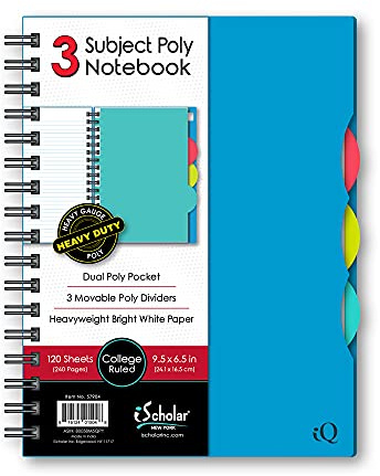 iScholar iQ 3 Subject Poly Cover Double Wire Notebook, College Rule, 9.5 x 6.5 Inches, 120 Sheets, Color May Vary (57904)