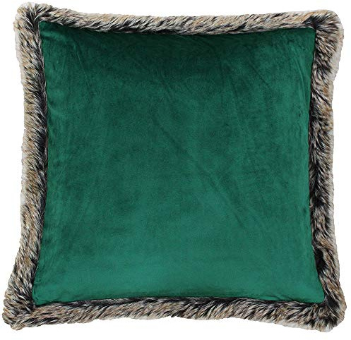 Riva Paoletti Kiruna Square Filled Cushion - Emerald Green Velvet Look and Feel - Faux Fur Edging - Reversible - Hidden Zip Closure - 100% Polyester Case - 45 x 45cm (18 x 18 inches)