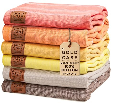 GOLD CASE - Uppsättning av 6 XXL 178 x 99 tum - LYCIA turkiskt bad, strandhandduk - 100 % naturlig bomull snabbtorkande pestemal för strand, spa, pool, gym, yacht, picknick, badrum, hamam (gula orangea toner)