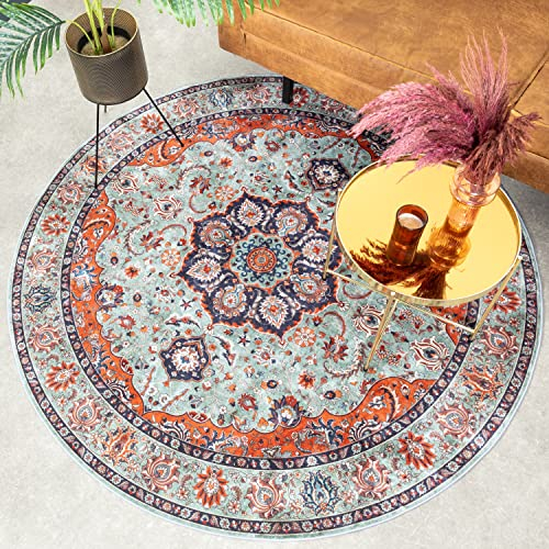 FRAAI | Home & Living Teppich Vintage Rund - Imagine Medaillon Grün - Baumwolle, Polyester - Flachgewebe - Vintage, Orientalisch - Wohnzimmer, Esszimmer, Schlafzimmer - Carpet
