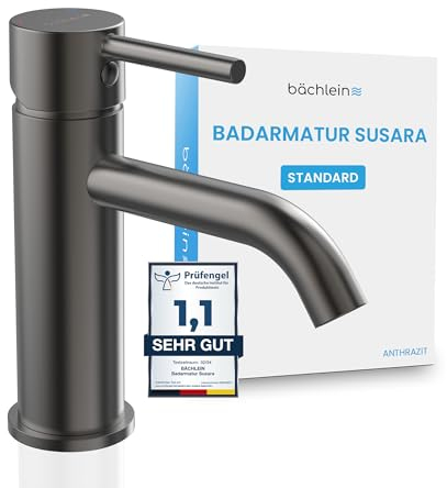 Bächlein Badarmatur Susara mit gebogenem Auslauf, Design Einhebelmischer mit langlebiger Keramikkartusche und Montage-Set, Bad Wasserhahn Anthrazit