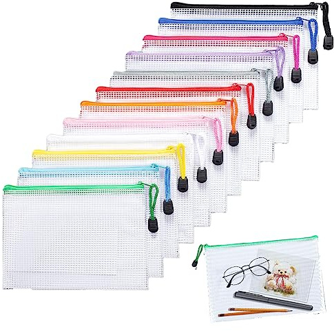 PLATEYTR 12 PCS Bolsas de Documentos Carpeta A5 con Cremallera de Malla, Bolsa de Archivo Zip para Documentos, Papel, cosméticos y artículos de Viaje