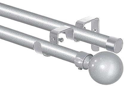 DALINA TEXTIL - Barras de Cortina Doble 120-210 cm, Barra de Cortina Extensible 16-19mm, con Terminales Forma Redonda con Soportes, Barra de Cortina de Metal Ajustable para Sala de Estar/Gris plata